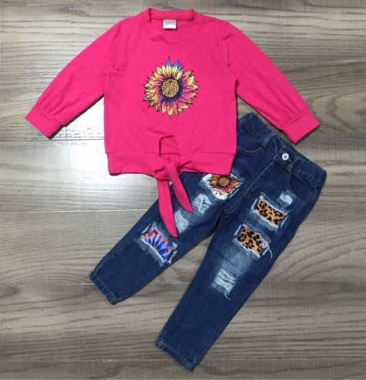 Pink flower tie & denim set