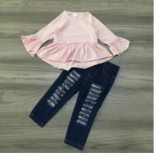 Stripped jean with pink bell top set